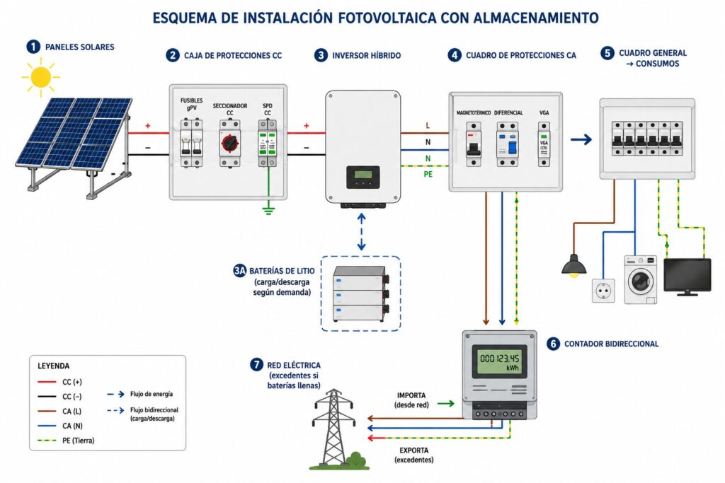 diagrama de instalacion de paneles solares en sistema hibrido